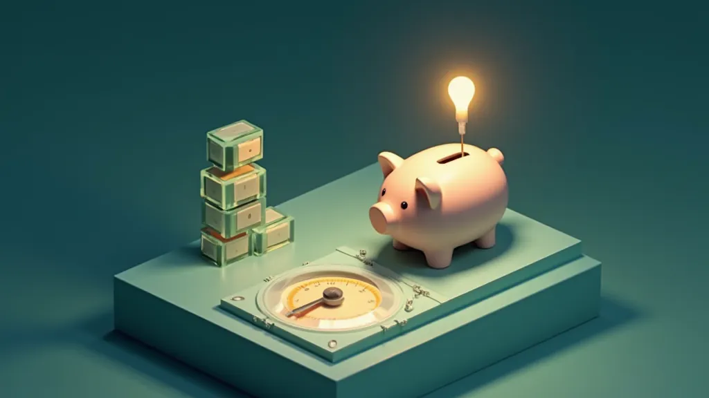 Isometric illustration of token cubes flowing into a cost meter beside a glass piggy bank