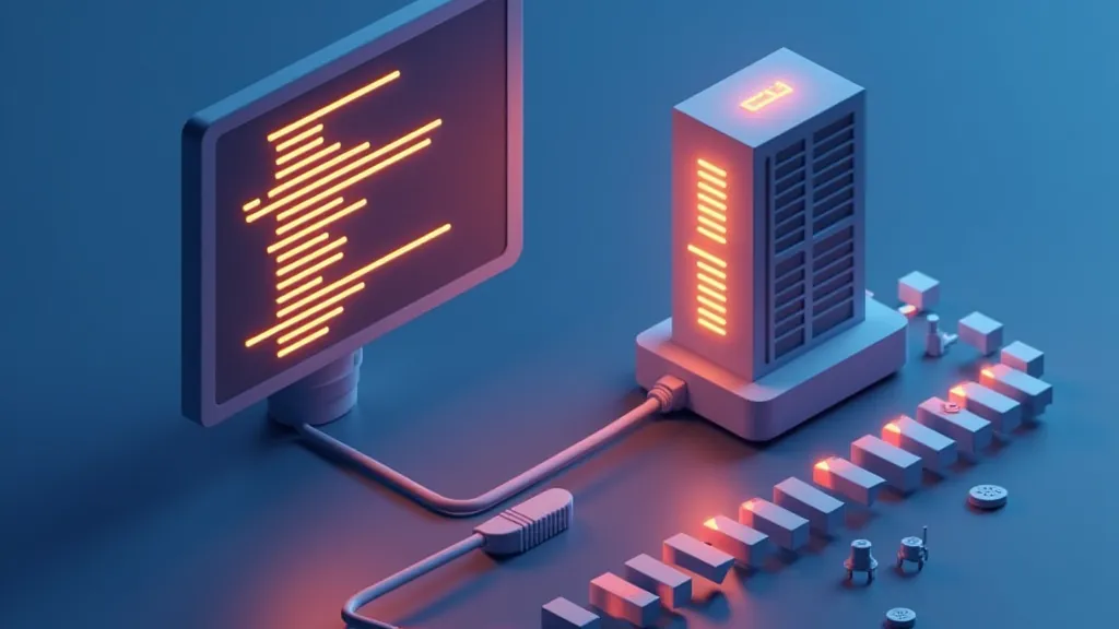 Abstract editor panels connected by a plug to a server, showing a custom API endpoint in a code editor